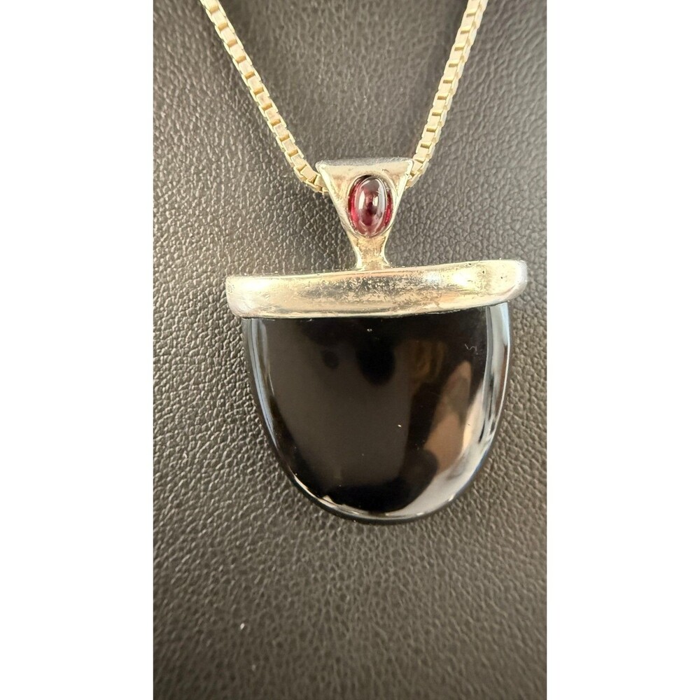 Vintage Sterling Silver Black Onyx & Garnet Pendant Necklace 925 Italy